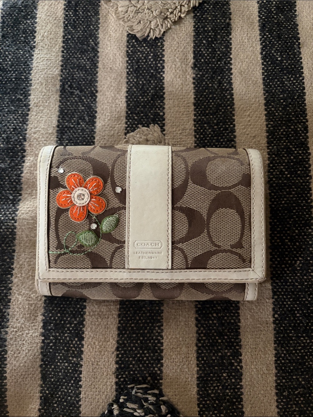 Rare Coach Y2K Signature Striped Flower Canvas Wallet with Orange Floral Accent